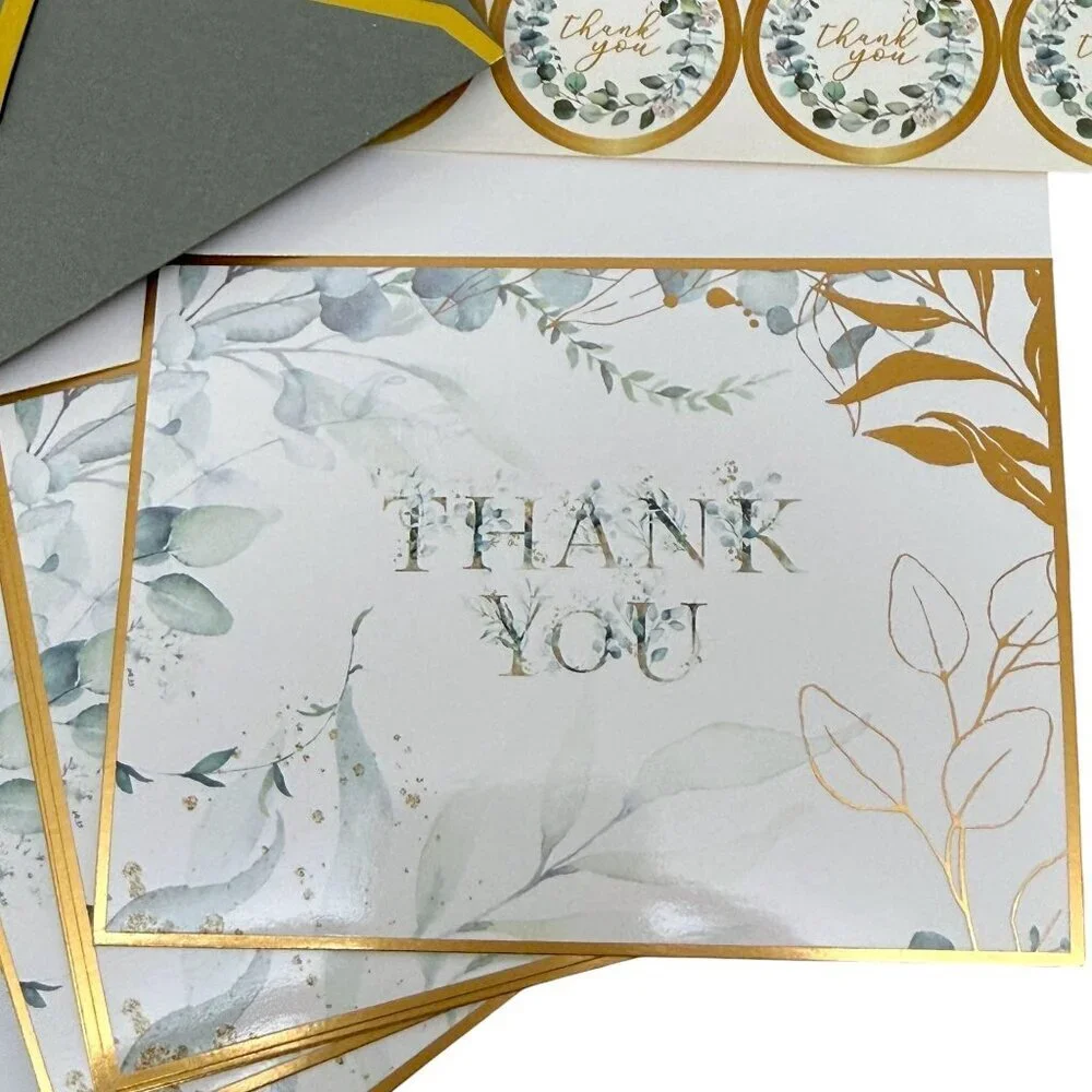 Thank you Cards Set of 10 Green Leaf Design w/ Stickers and Envelopes 3.75x5